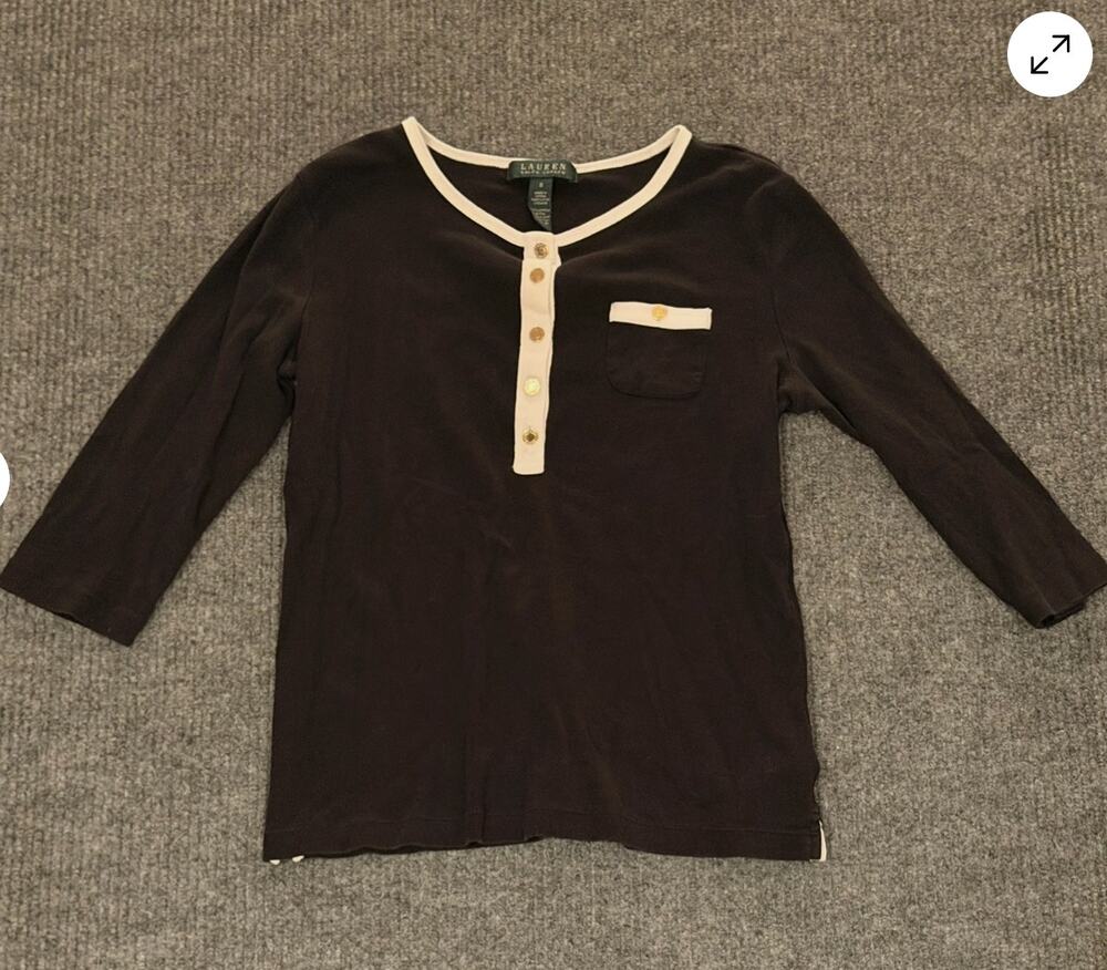 Lauren Ralph Lauren Women's S Black Cream Trim Henley Top Gold Buttons